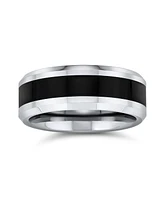 Bling Jewelry Simple Two Tone Black Center Couples Titanium Band Ring Silver Tone Beveled Edge 8MM