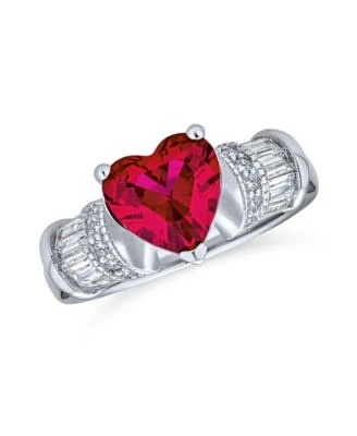 Bling Jewelry Art Deco Style 2.5ct Red Pink Heart Shape Solitaire Cz Promise Ring Baguettes Side Stones Simulated Red Ruby .925 Sterling Silver Promise Ring