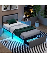 Twin Size Bed Frame with Led Lights Drawer and Metal Slats-Twin Size