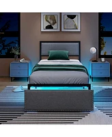 Twin Size Bed Frame with Led Lights Drawer and Metal Slats-Twin Size