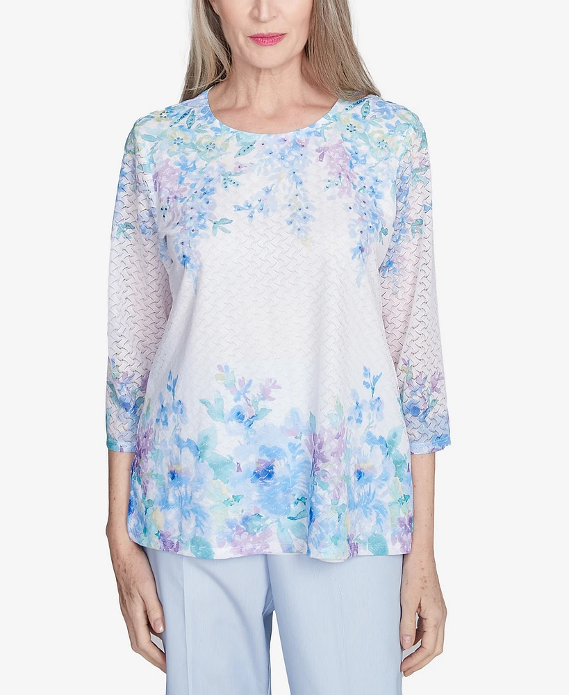 Alfred Dunner Women's St. Thomas Textured Sky Blue Floral Border Crew Neck Top
