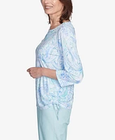 Alfred Dunner Women's St. Thomas Island Mint Paisley Ruched Side Crew Neck Top