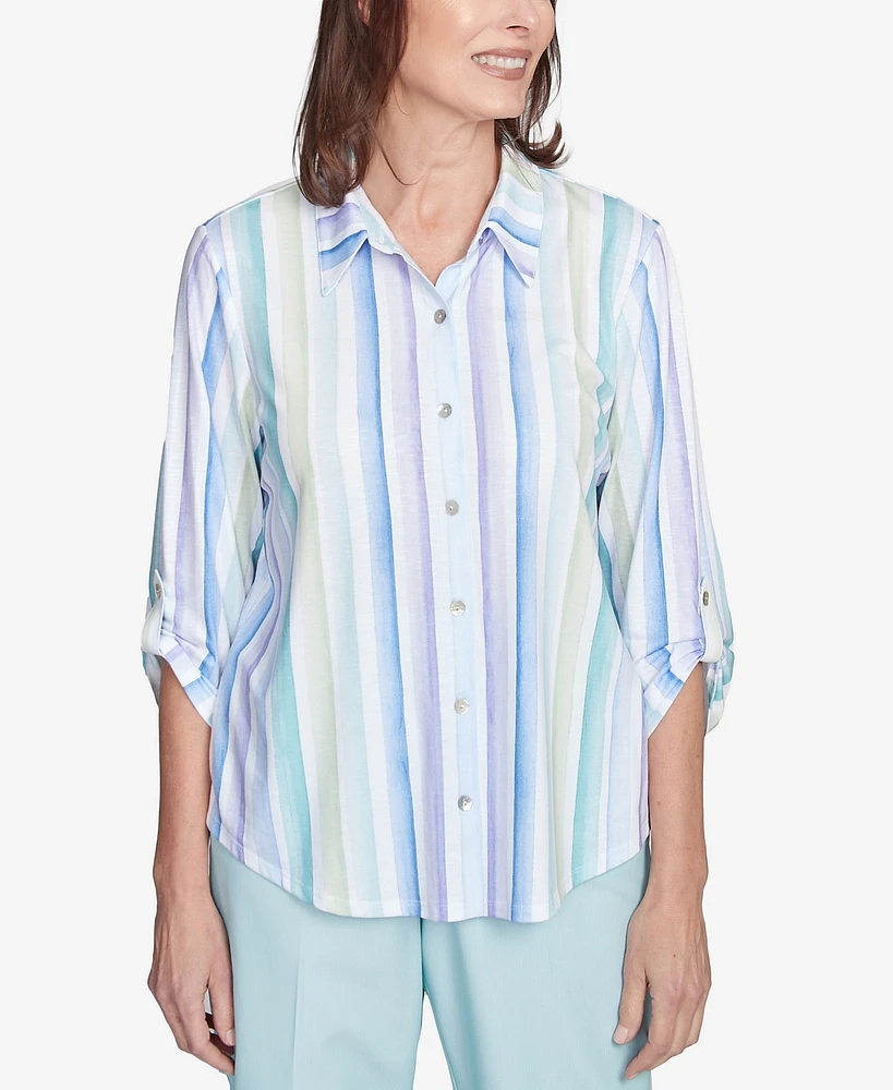 Alfred Dunner Women's St. Thomas Island Mint Stripe Knit Collared Neck Top