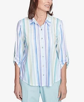 Alfred Dunner Women's St. Thomas Island Mint Stripe Knit Collared Neck Top