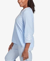 Alfred Dunner Women's St. Thomas Embroidered Sky Blue Round Neck Top