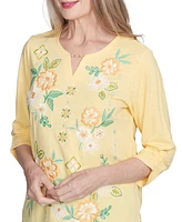 Alfred Dunner Women's Rise Shine Sunny Floral Embroidered Split Neck Top