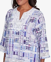 Alfred Dunner Women's Crystal Springs Watercolor Plaid Lace Neck Top