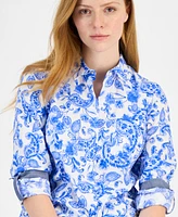Tommy Hilfiger Women's Cotton Paisley Roll-Tab Shirt