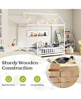 Twin Size Kids House Bed Wooden Floor Bed with Roof and Full-length Safety Guardrail