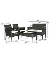 4PCS Patio Rattan Furniture Set Cushioned Sofa Coffee Table