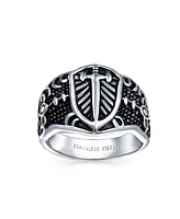 Bling Jewelry Religious Viking Shield Maltase Fleur De Lis Cross Signet Band Ring Oxidized Silver Tone Stainless Steel