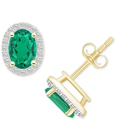 Lab-Created Emerald (1-3/8 ct. t.w.) & White Sapphire (1/5 Oval Halo Stud Earrings 10k Gold