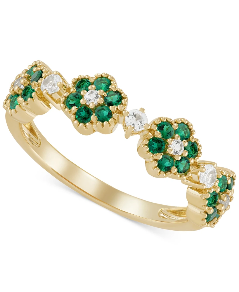 Lab-Created Emerald (1/3 ct. t.w.) & Lab-Created White Sapphire (1/5 ct. t.w.) Flower Stack Ring in 14k Yellow Gold-Plated Sterling Silver