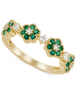 Lab-Created Emerald (1/3 ct. t.w.) & Lab-Created White Sapphire (1/5 ct. t.w.) Flower Stack Ring in 14k Yellow Gold-Plated Sterling Silver
