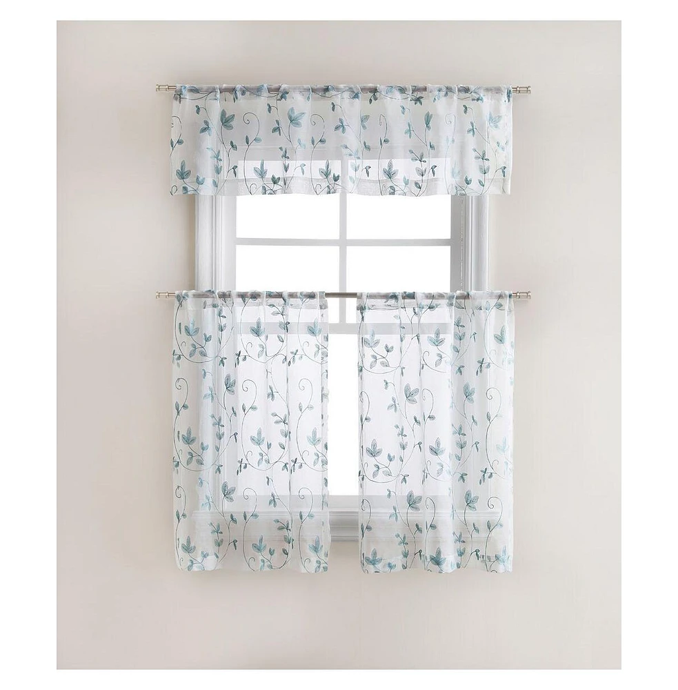 Kate Aurora Floral Embroidered Sheer Rod Pocket Kitchen Curtain Tier & Valance Set - 58 in. W x 15 L, Aqua