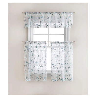 Kate Aurora Floral Embroidered Sheer Rod Pocket Kitchen Curtain Tier & Valance Set - 58 in. W x 15 L, Aqua