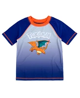 Pokemon Boys Pikachu Upf 50+ Rash Guard Swim Trunks Outfit Set to