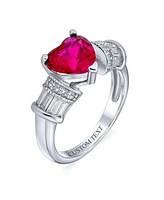 Bling Jewelry Art Deco Style 2.5CT Red Pink Heart Solitaire Cz Promise Ring Baguettes Side Stones .925 Sterling Silver