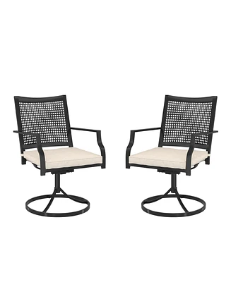 Outdoor Metal Swivel Chairs Set of 2 Patio Dining Chair with Cushion Furniture Set for Garden Backyard Bistro, Small Grid, Black