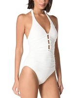 Carmen Marc Valvo Women's Beaded Plunging-Neck Swimsuit