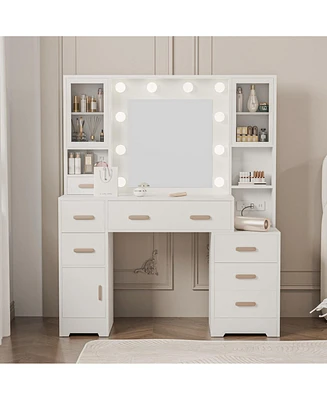 Dyhome Vanity Desk with Mirror and Lights and Charging Station with 7 Drawers & 3 Cabinets
