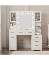 Dyhome Vanity Desk with Mirror and Lights and Charging Station with 7 Drawers & 3 Cabinets