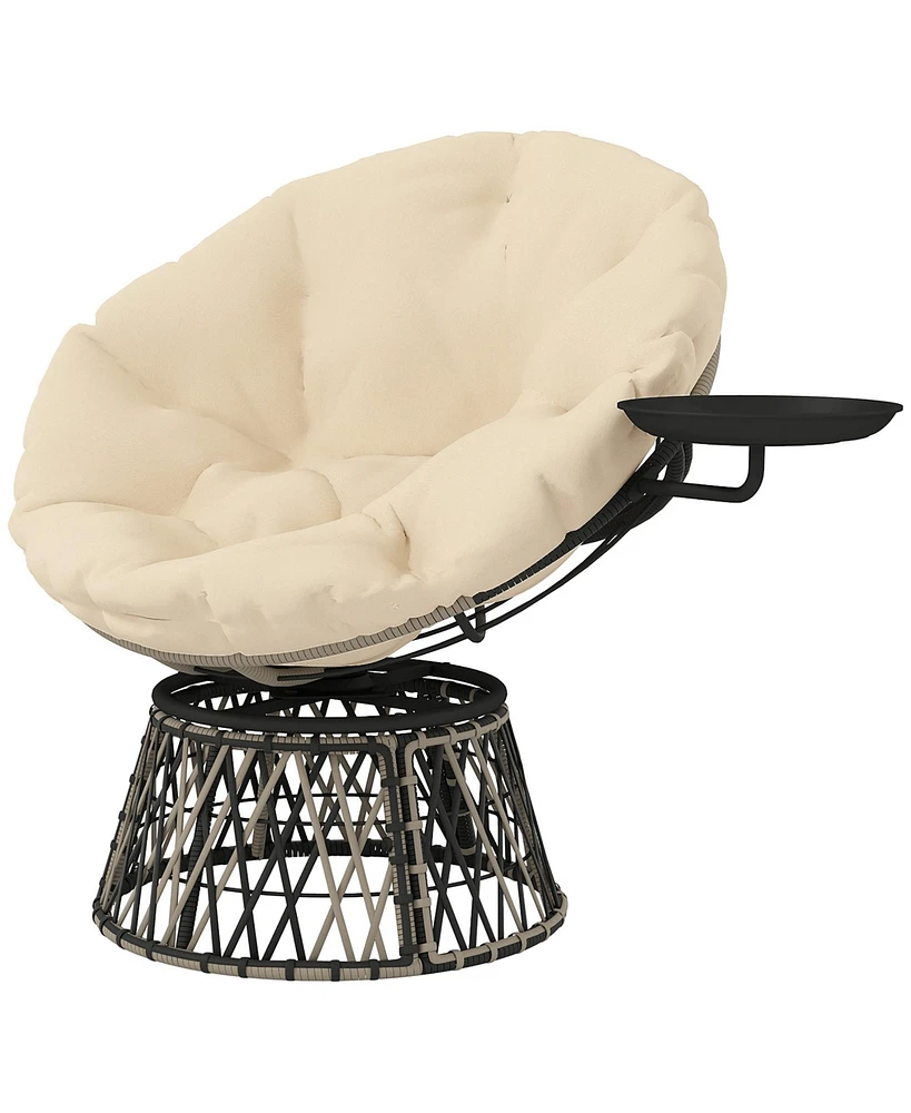 Outsunny Outdoor Swivel Chair with Side Tray, Overstuffed Papasan Chair