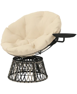Outsunny Outdoor Swivel Chair with Side Tray, Overstuffed Papasan Chair
