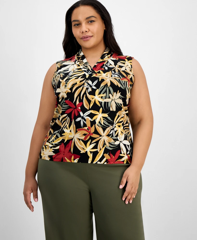 Anne Klein Plus Printed Triple-Pleated V-Neck Top