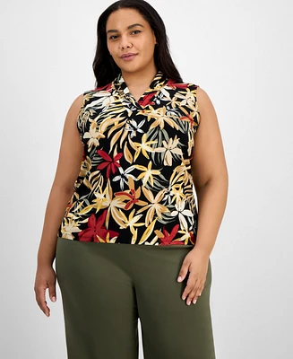 Anne Klein Plus Printed Triple-Pleated V-Neck Top