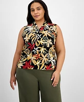 Anne Klein Plus Printed Triple-Pleated V-Neck Top