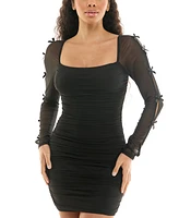 City Studios Juniors' Sheer-Sleeve Ruched Bodycon Dress