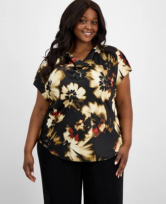 Anne Klein Plus Floral-Print Cap-Sleeve Top