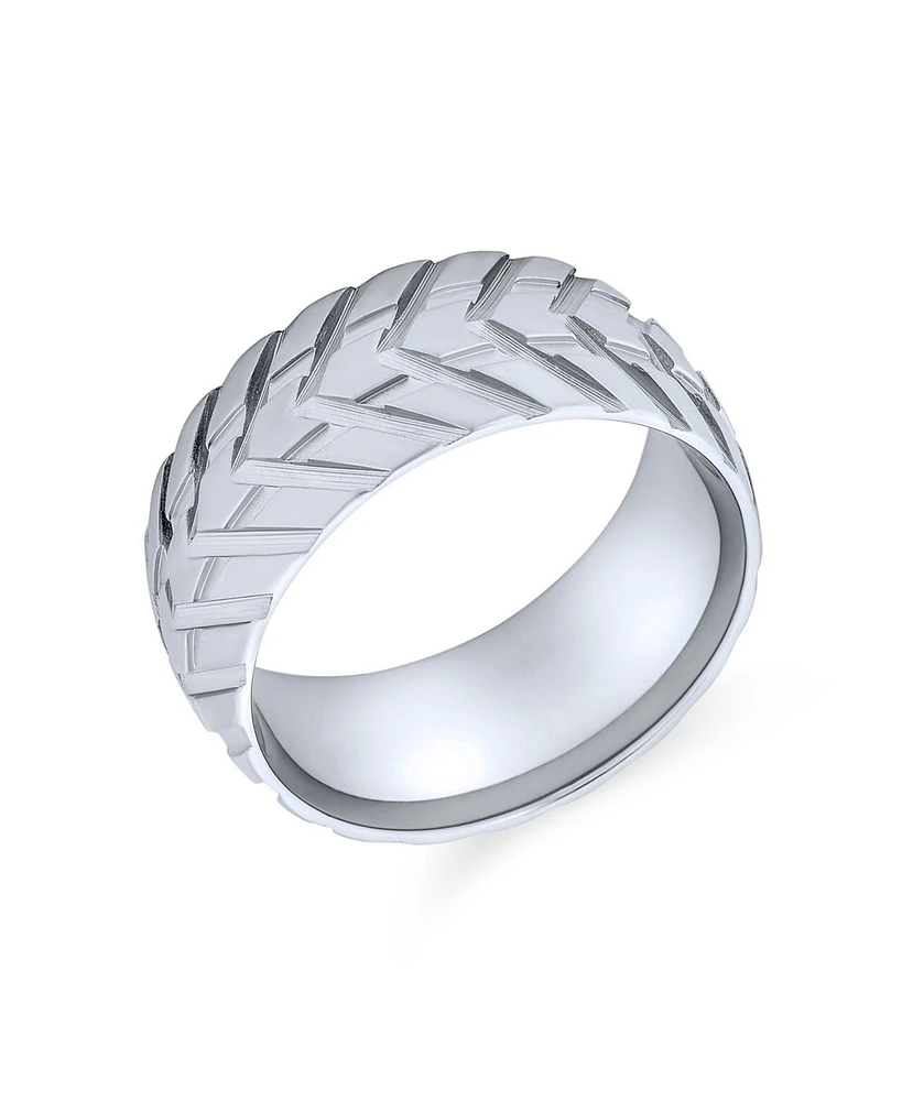 Bling Jewelry Mechanic Sports Car Racer Wide Tread Tire Band Ring Bikers Matte Brushed Silver Tone Stainless Steel 8MM