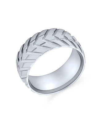 Bling Jewelry Mechanic Sports Car Racer Wide Tread Tire Band Ring Bikers Matte Brushed Silver Tone Stainless Steel 8MM