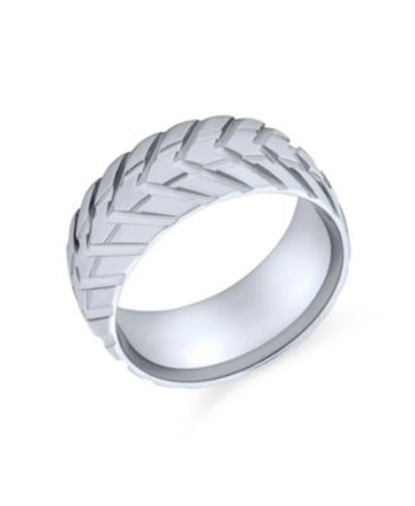 Bling Jewelry Mechanic Sports Car Racer Wide Tread Tire Band Ring Bikers Matte Brushed Silver Tone Stainless Steel 8MM