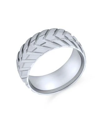 Bling Jewelry Mechanic Sports Car Racer Wide Tread Tire Band Ring Bikers Matte Brushed Silver Tone Stainless Steel 8MM