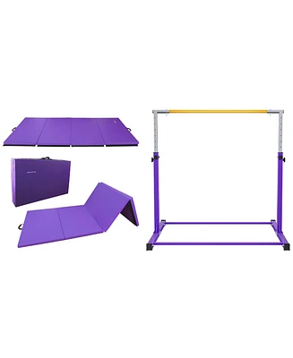 BalanceFrom Fitness 120" x 48" Exercise Mat & Adjustable Gymnastics Bar, Purple
