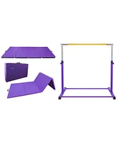 BalanceFrom Fitness 120" x 48" Exercise Mat & Adjustable Gymnastics Bar, Purple