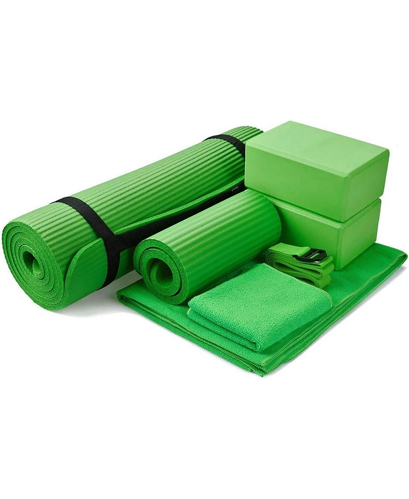 BalanceFrom Fitness 7 Piece Yoga Set with Mat, Stretch Strap & Knee Pad, Green
