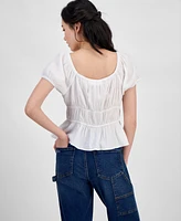 Hippie Rose Juniors' Shirred Tie-Front Peasant Top