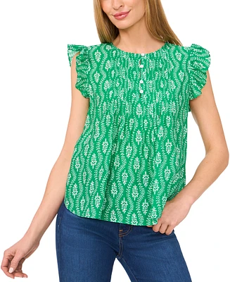 CeCe Women's Floral Button-Front Ruffle-Sleeve Blouse