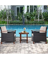 Gymax 3PCS Outdoor Patio Rattan Conversation Set Outdoor Furniture Set w/ Cushion