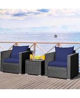 Gymax 3 Piece Rattan Outdoor Patio Conversation Furniture Set w/ Cushions