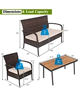 Gymax 4 Piece Rattan Outdoor Furniture Set Patio Conversation Set w/ Cushions