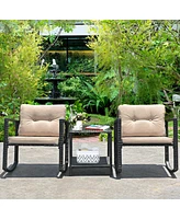 Gymax Set of 3 Rattan Patio Furniture Set Rocking Chair Table Set w/ Cushions
