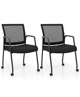2 Pieces Office Guest Chairs on Wheels with Metal Frame and Armrests