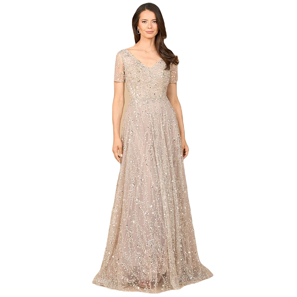 Lara Women's Short Sleeve V-Neck Beaded Ballgown