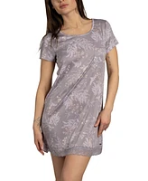Tahari Women's Short Sleeve Ribbed Nightshirt with Scoop Neck and Lace Hem