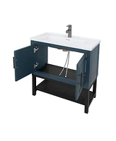 Casainc 32" Bathroom Vanity with White Ceramic Sink & Faucet,Freestanding Bathroom Cabinet with 2 Storage Doors and Open iron Shelf
